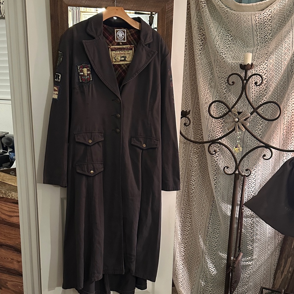 Double D Ranch Dark Gray Trench Coat with Unique Patches